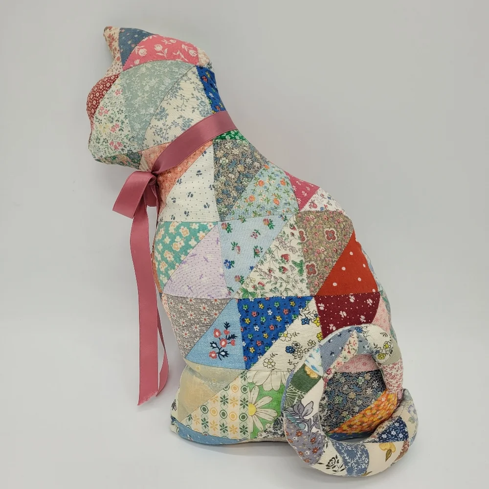 Vintage Patchwork Quilt Cat Pillow Pink Ribbon Cottage Granny Hand Crafted Decor